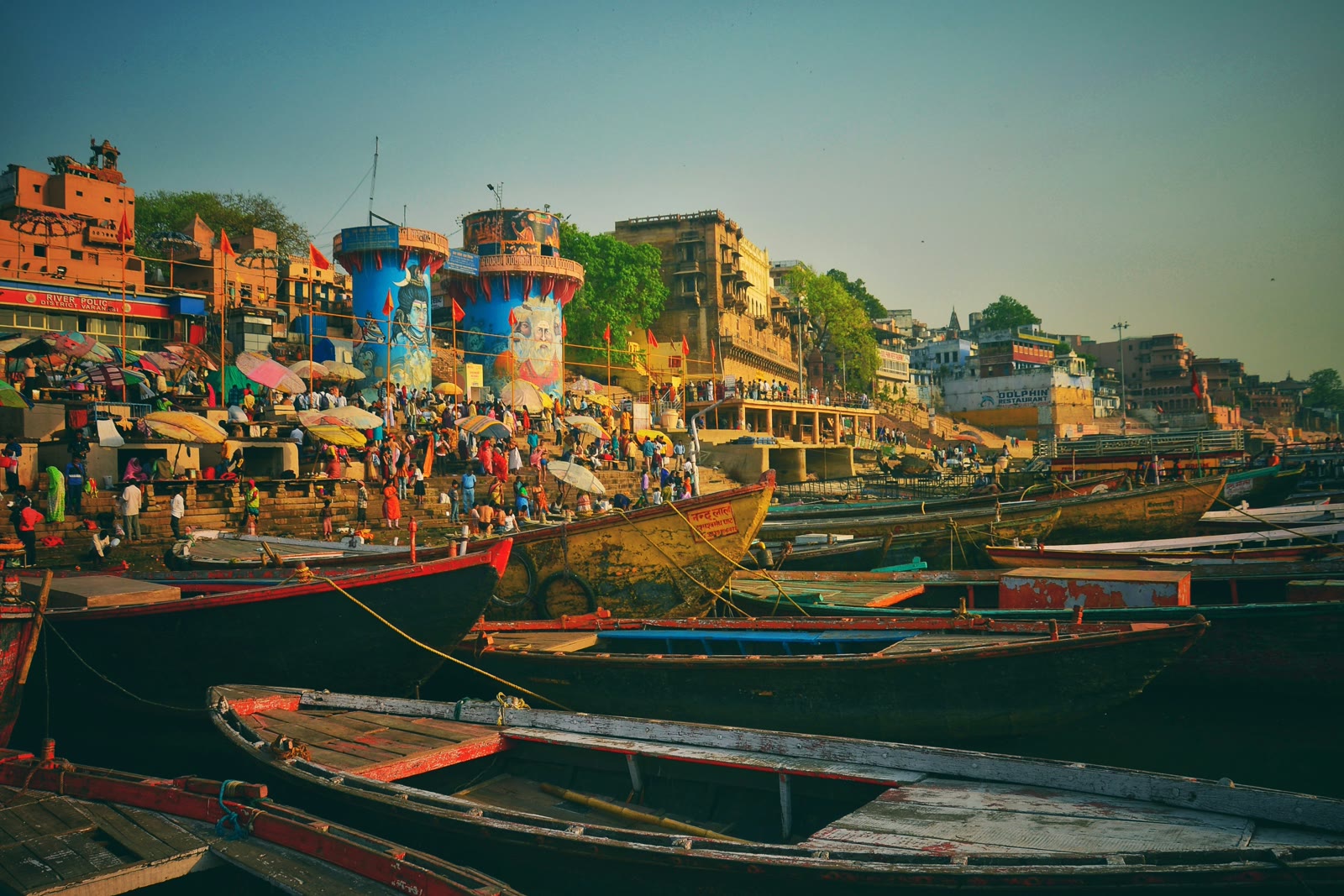 Boats at the ghats along the Ganges River in Varanasi, Uttar Pradesh, India