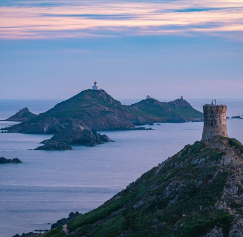 Lighthouse on a small island in the ocean in Ajaccio, Corsica, France