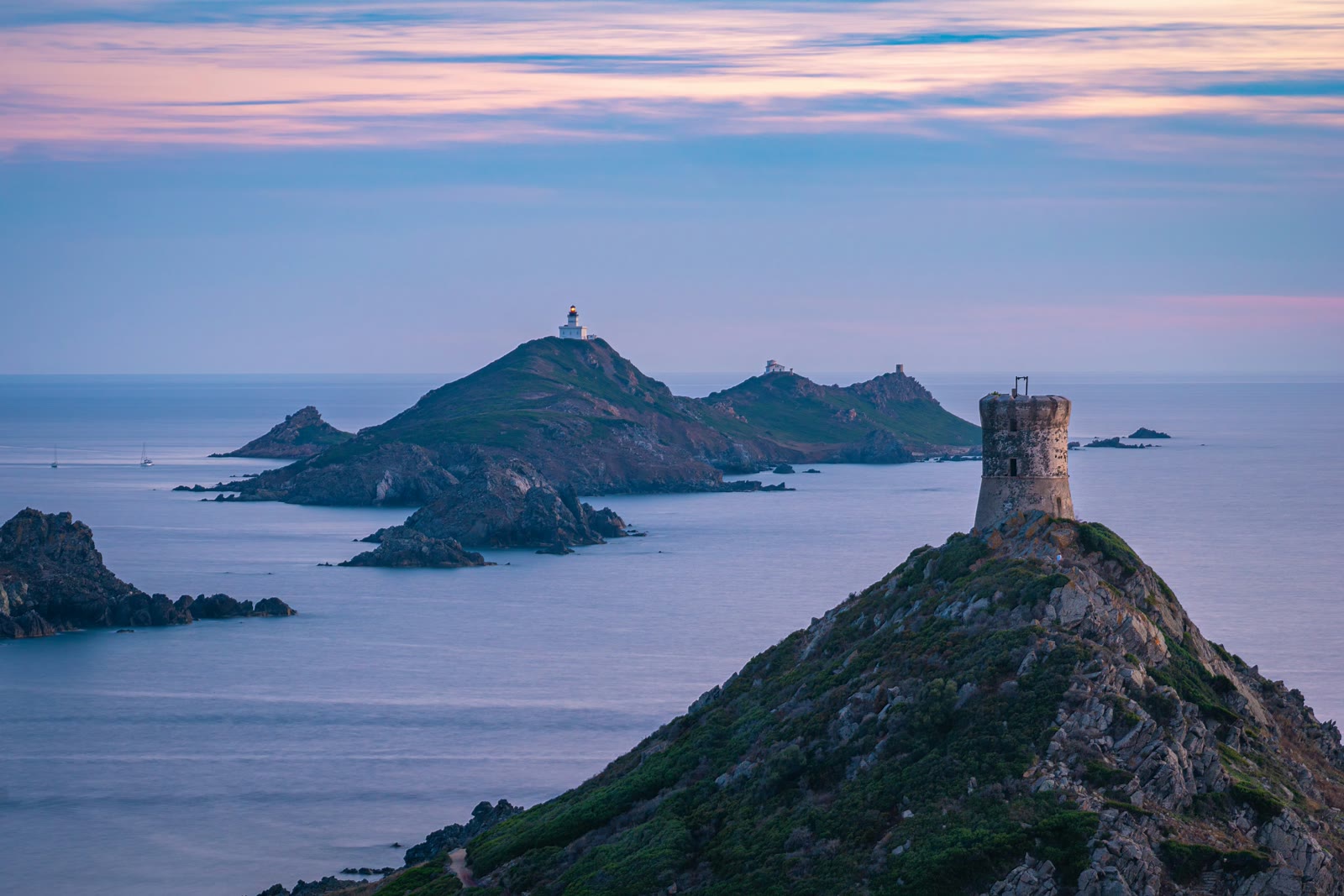 Lighthouse on a small island in the ocean in Ajaccio, Corsica, France