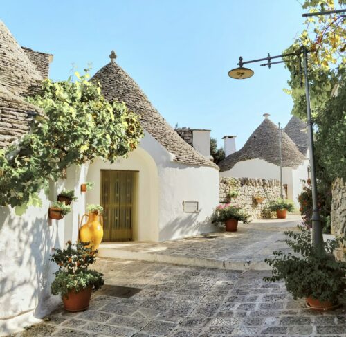 Green tree near white trullo houses in Alberobello, Apulia, Italy