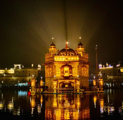 Golden Temple illuminated at night in Amritsar, Punjab, India