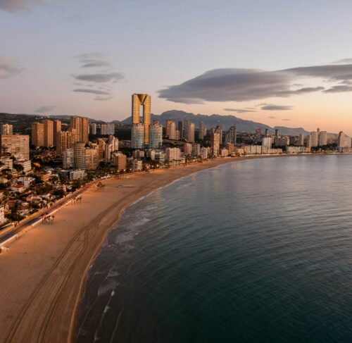 City skyline near the water in Benidorm, Valencia, Spain