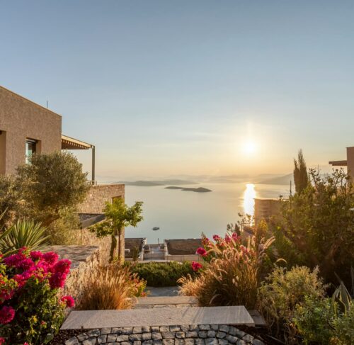 Sun setting over the water from a house in Bodrum, Mugla, Turkey