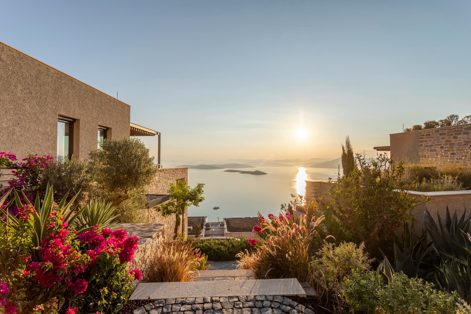 Sun setting over the water from a house in Bodrum, Mugla, Turkey