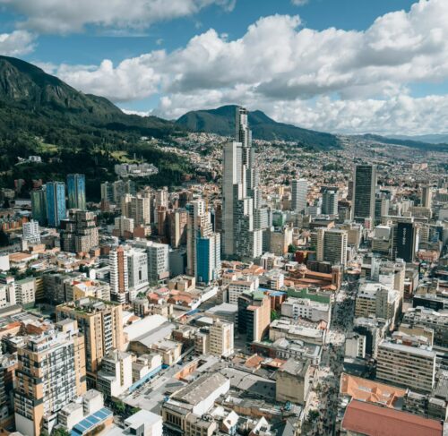 Bogotá city buildings with Andes mountains in background, Bogotá, Colombia