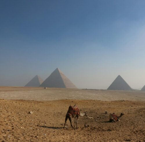 People walking on sand near the pyramids in Cairo, Egypt
