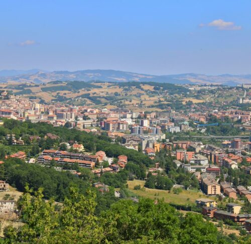 View of Campobasso city from a hilltop with historic buildings and surrounding mountains, Molise, Italy
