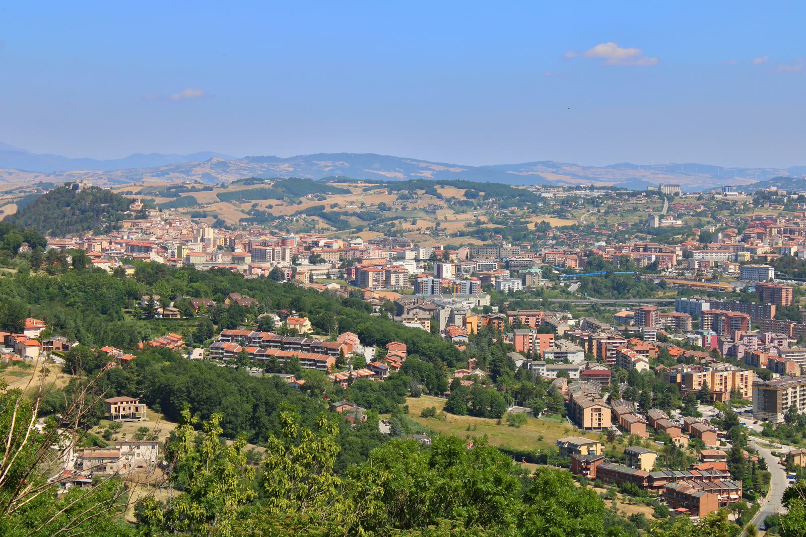 View of Campobasso city from a hilltop with historic buildings and surrounding mountains, Molise, Italy