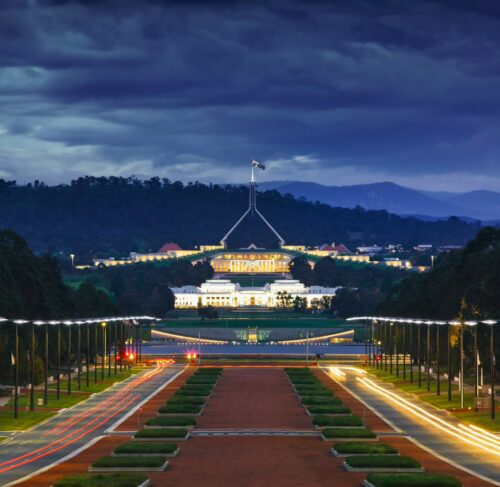 Roadway at night in Canberra, Australian Capital Territory, Australia