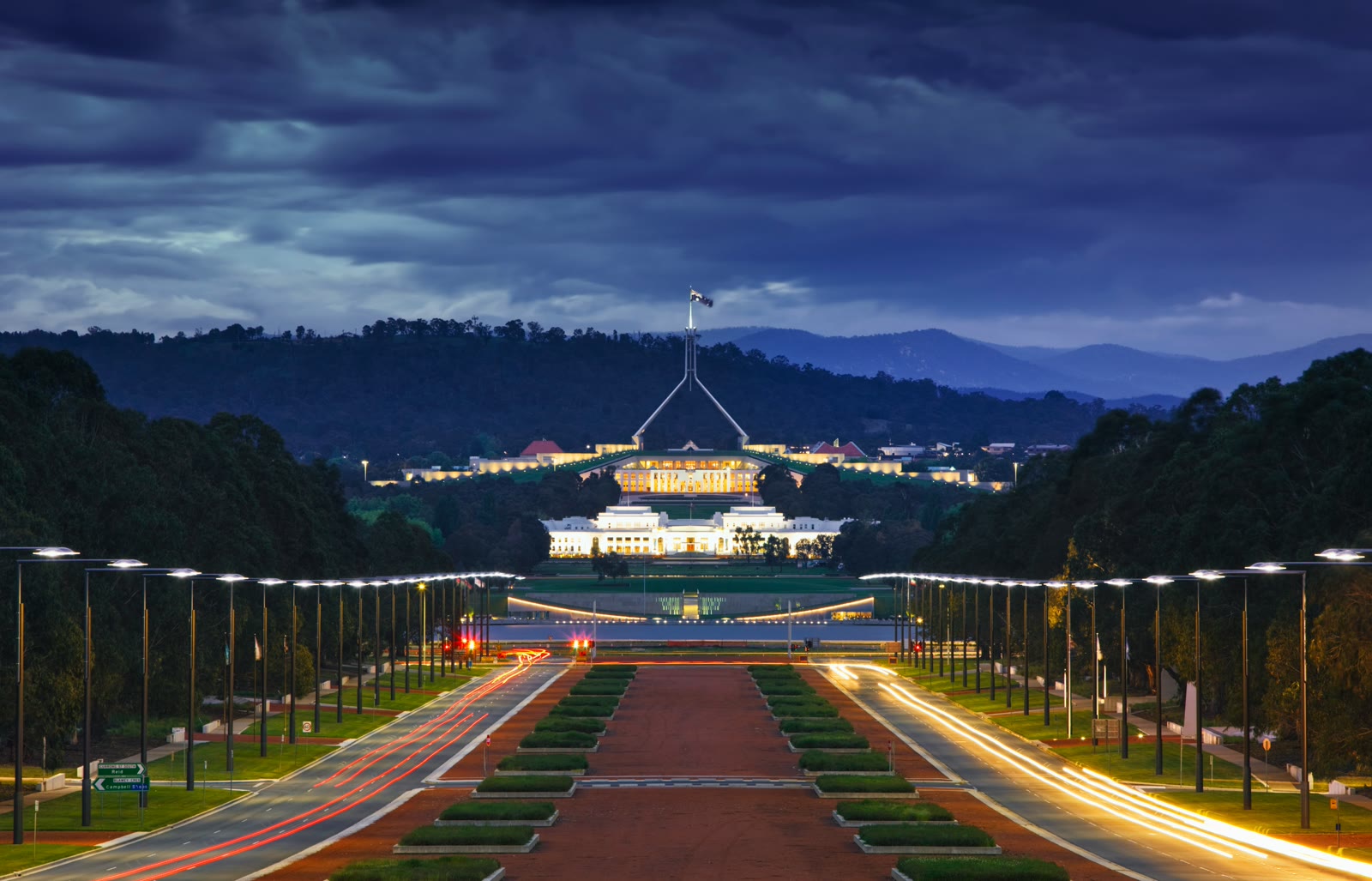 Roadway at night in Canberra, Australian Capital Territory, Australia