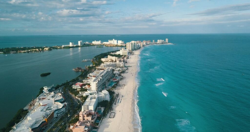 Aerial view of white buildings in Cancun, Quintana Roo, Mexico