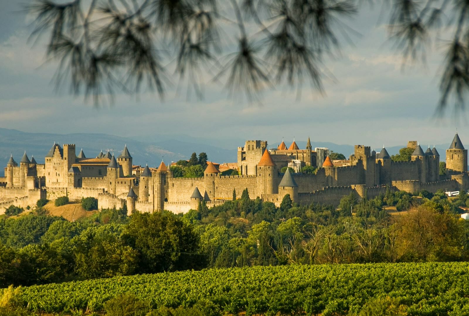 Medieval castle under cloudy sky in Carcassonne, Occitanie, France