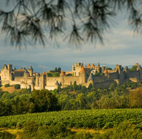 Medieval castle under cloudy sky in Carcassonne, Occitanie, France