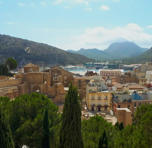 Cityscape with mountains in background in Cartagena, Murcia, Spain