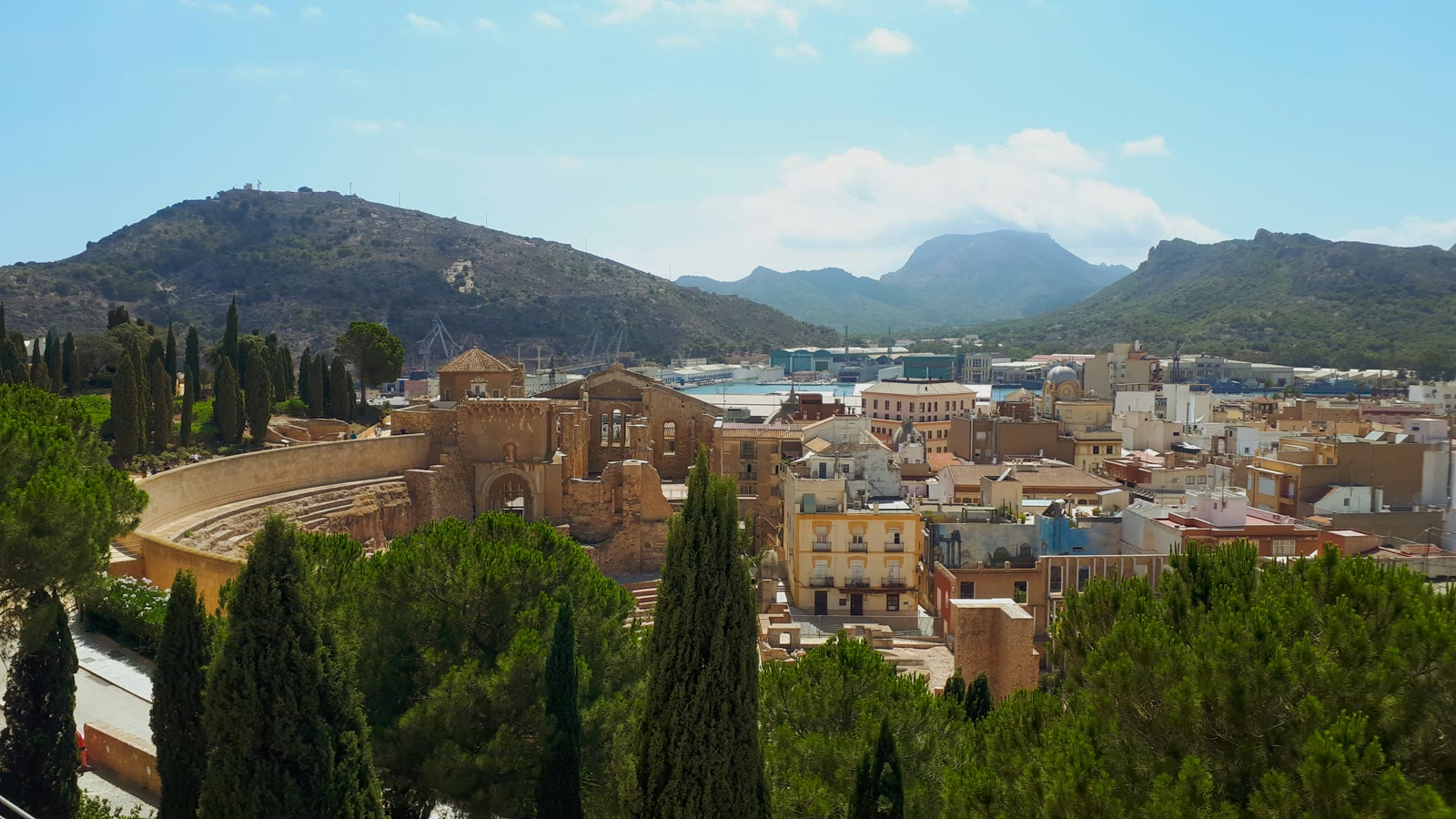Cityscape with mountains in background in Cartagena, Murcia, Spain