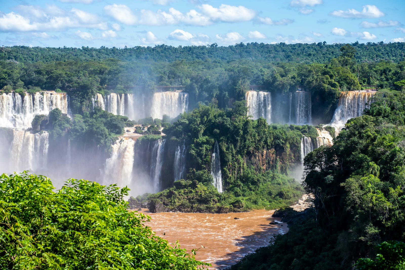 Group of waterfalls surrounded by trees in Foz do Iguacu, Parana, Brazil