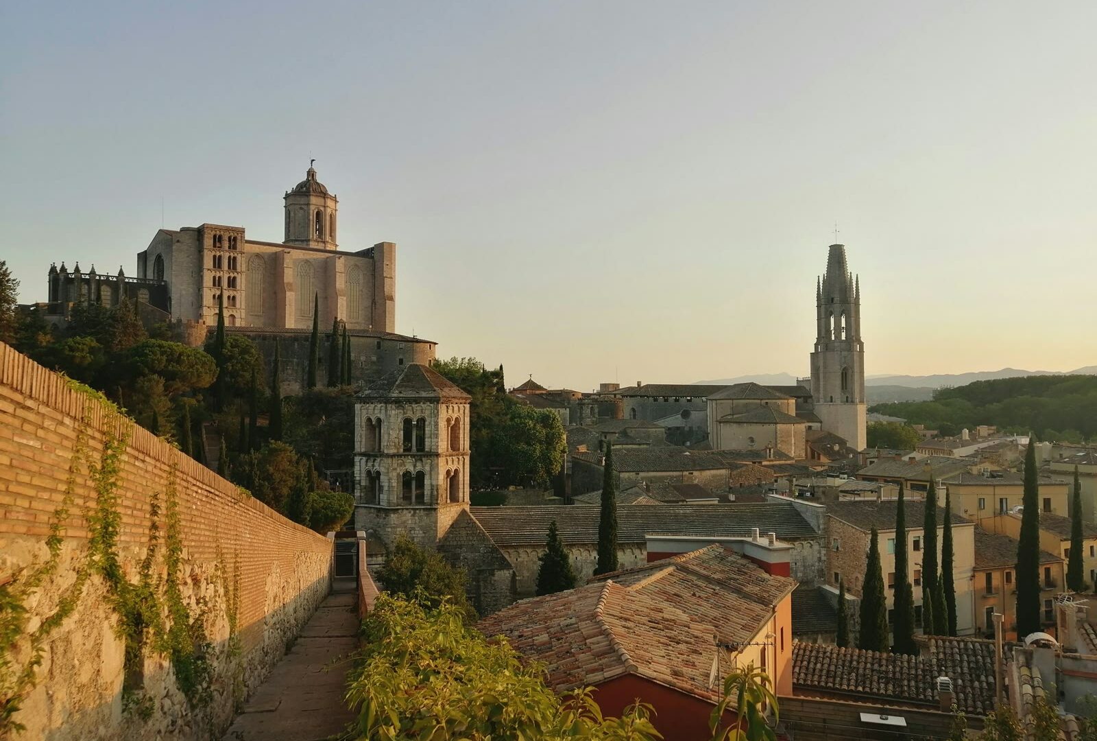 City with a brick wall in Girona, Catalonia, Spain