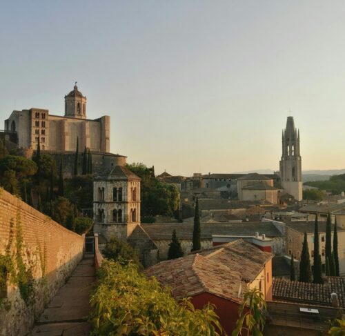 City with a brick wall in Girona, Catalonia, Spain