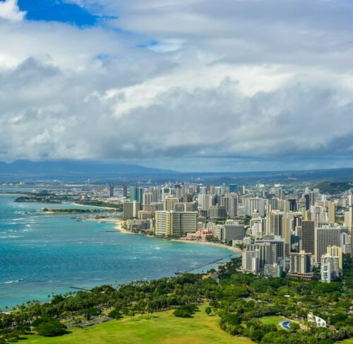 Aerial view of buildings in Honolulu, Hawaii, United States