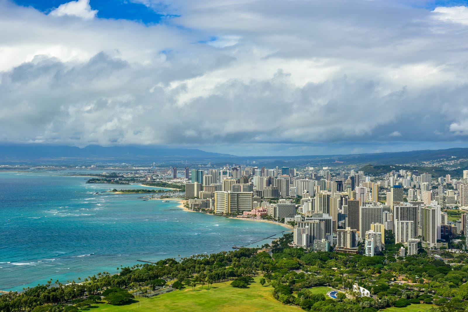 Aerial view of buildings in Honolulu, Hawaii, United States