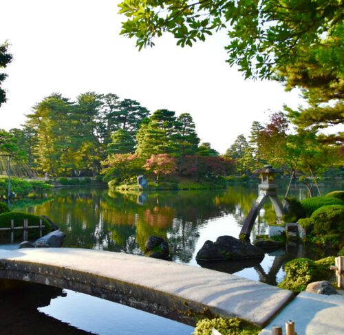 Bridge over a pond in a Japanese garden in Kanazawa, Ishikawa, Japan