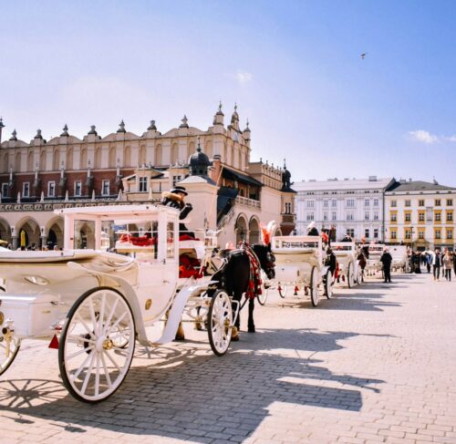 Black horses with carriage in Krakow, Lesser Poland, Poland