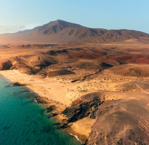 Aerial view of beach and mountains in Lanzarote, Canary Islands, Spain
