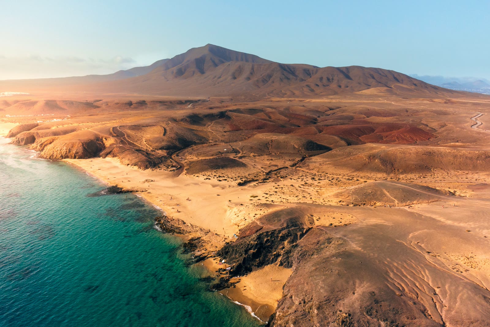 Aerial view of beach and mountains in Lanzarote, Canary Islands, Spain