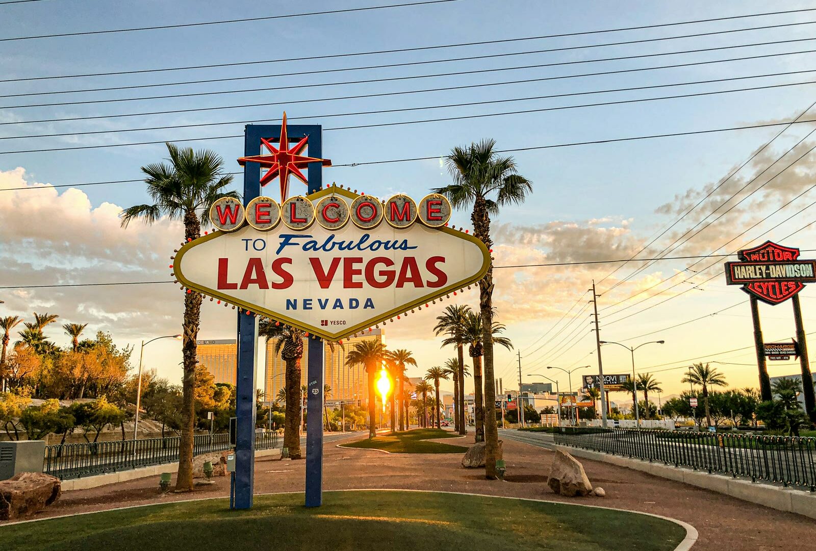 Las Vegas Strip welcome sign under blue sky, Nevada, United States