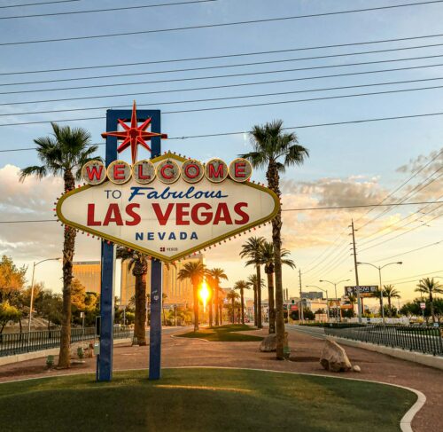 Las Vegas Strip welcome sign under blue sky, Nevada, United States