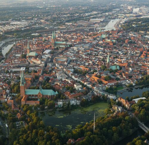 Aerial view of the city in Lubeck, Schleswig-Holstein, Germany