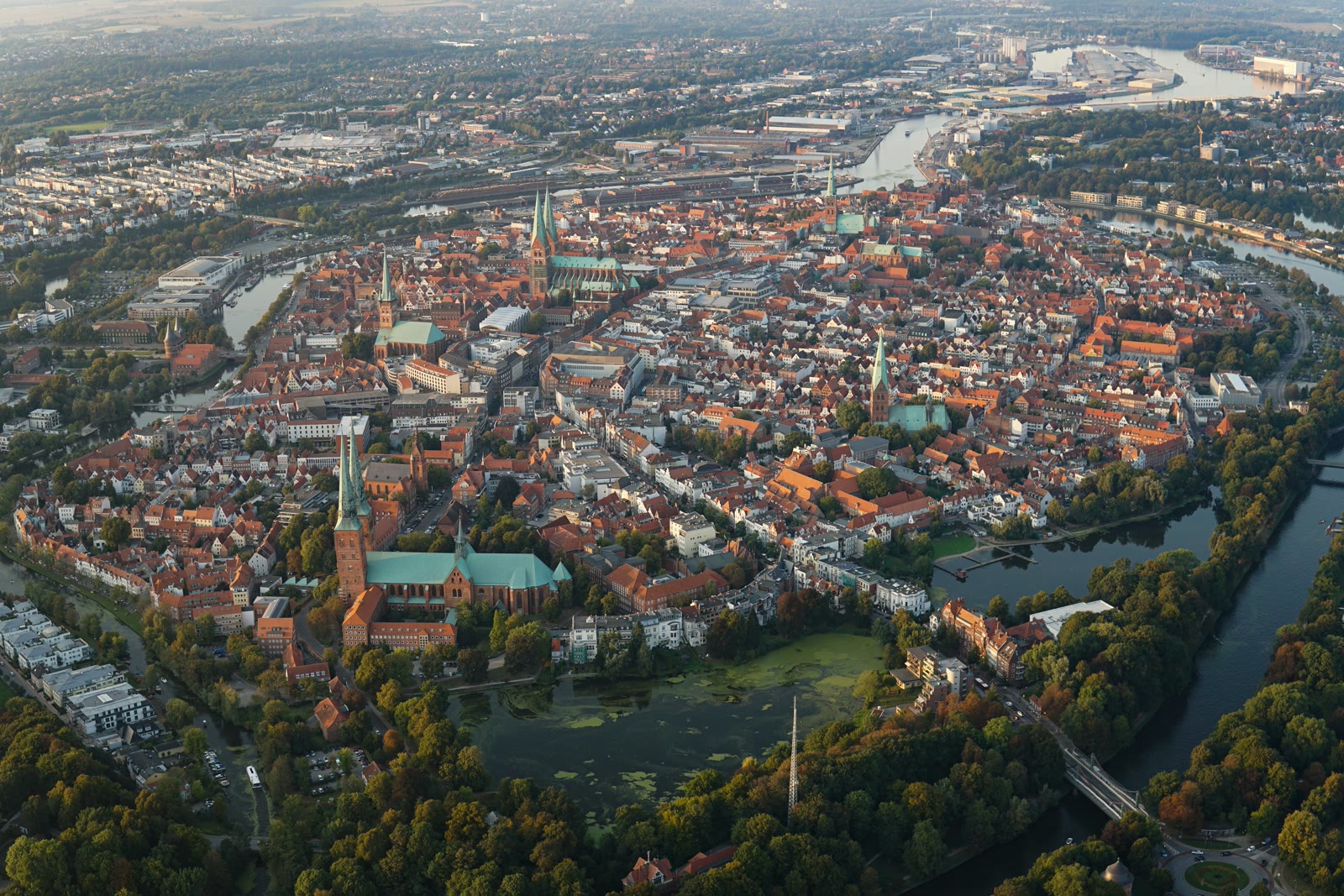 Aerial view of the city in Lubeck, Schleswig-Holstein, Germany