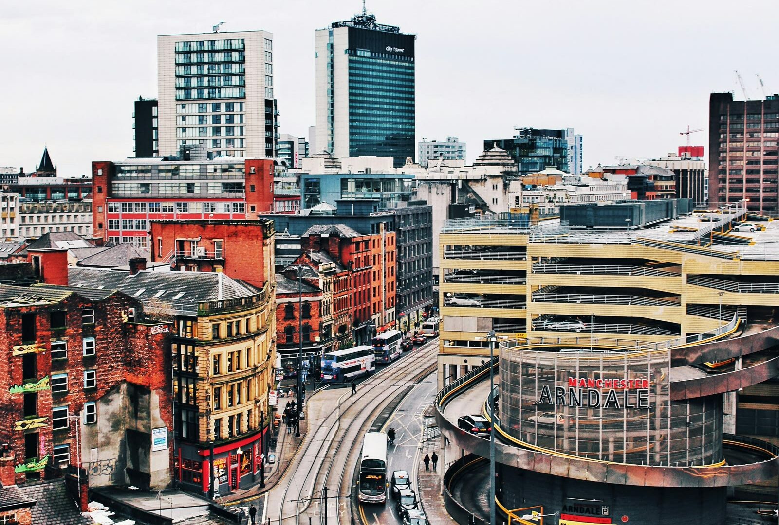 Aerial view of buildings in Manchester, England, United Kingdom