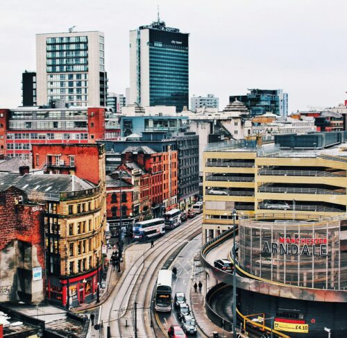 Aerial view of buildings in Manchester, England, United Kingdom