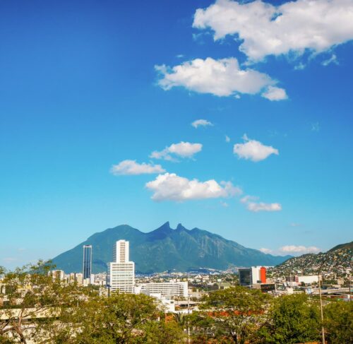 View of the city with mountains in background in Monterrey, Nuevo Leon, Mexico