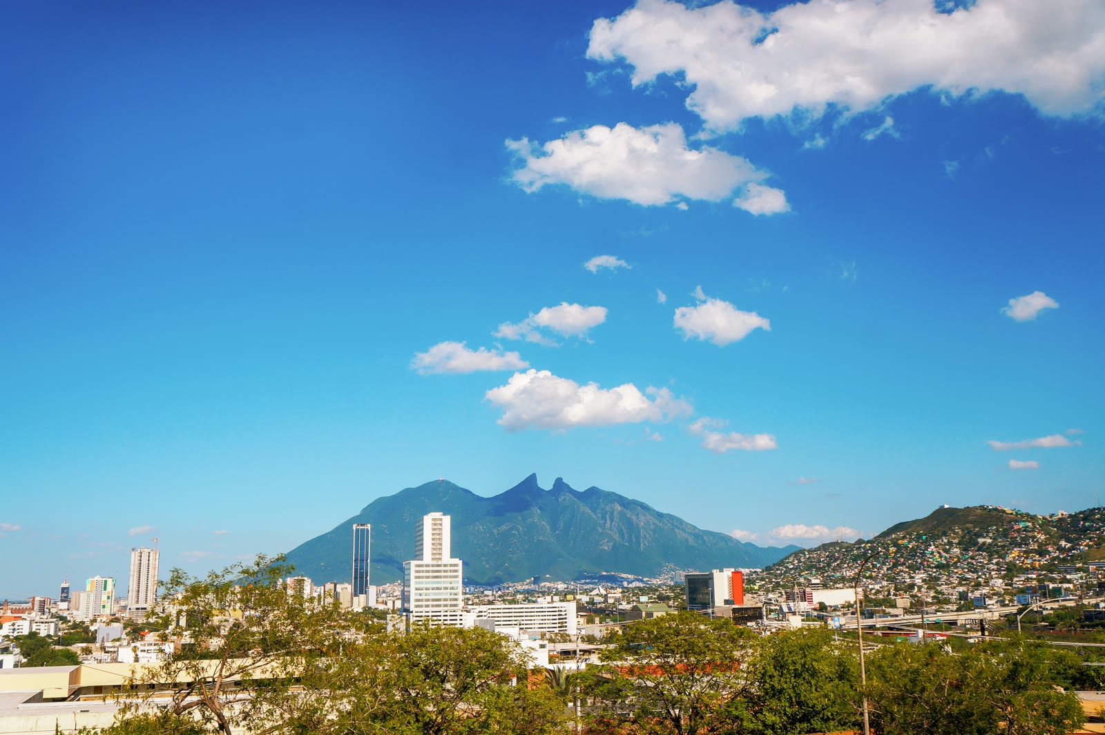 View of the city with mountains in background in Monterrey, Nuevo Leon, Mexico