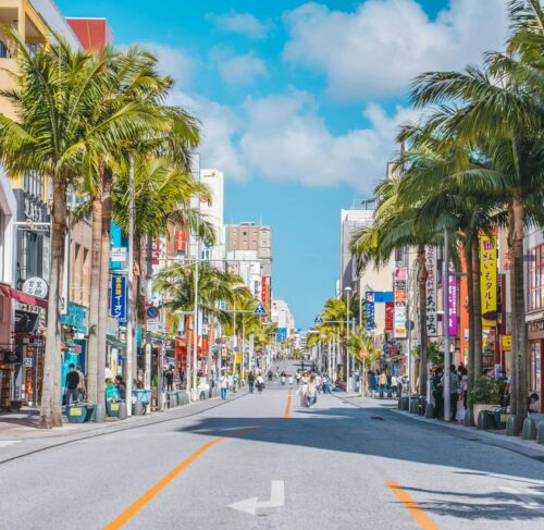 Palm-tree lined street with shops in Naha, Okinawa, Japan