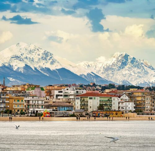 View of the city with mountains in background in Pescara, Abruzzo, Italy