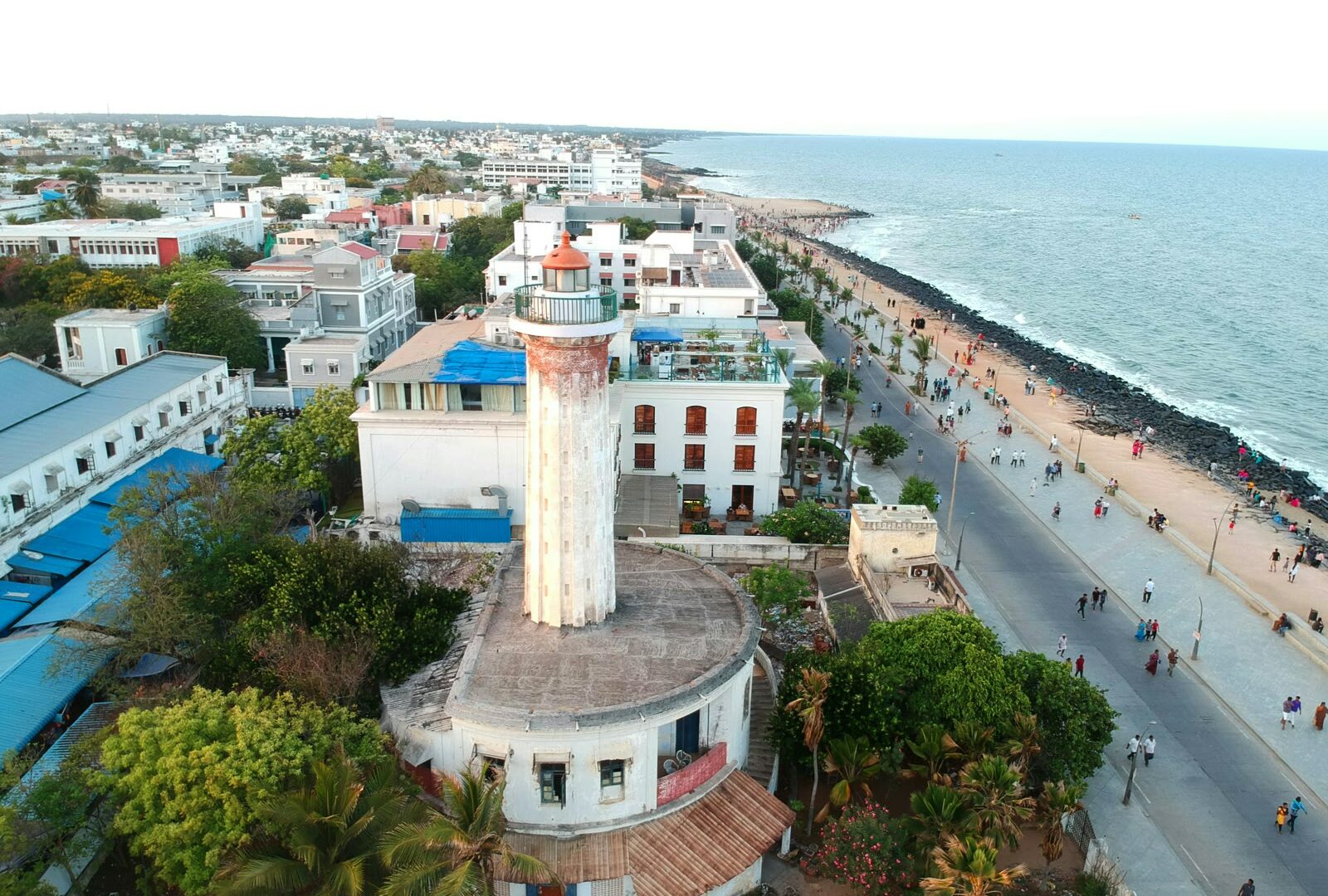 Aerial view of Pondicherry city buildings near the Bay of Bengal, Puducherry, India
