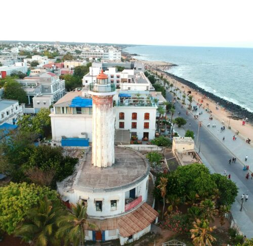 Aerial view of Pondicherry city buildings near the Bay of Bengal, Puducherry, India