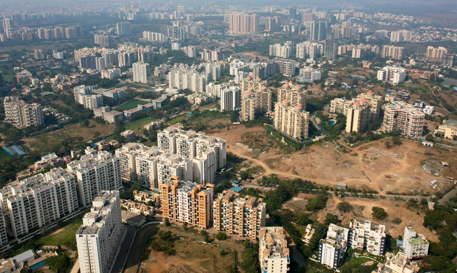 Aerial view of a city with many high-rise buildings in Pune, Maharashtra, India