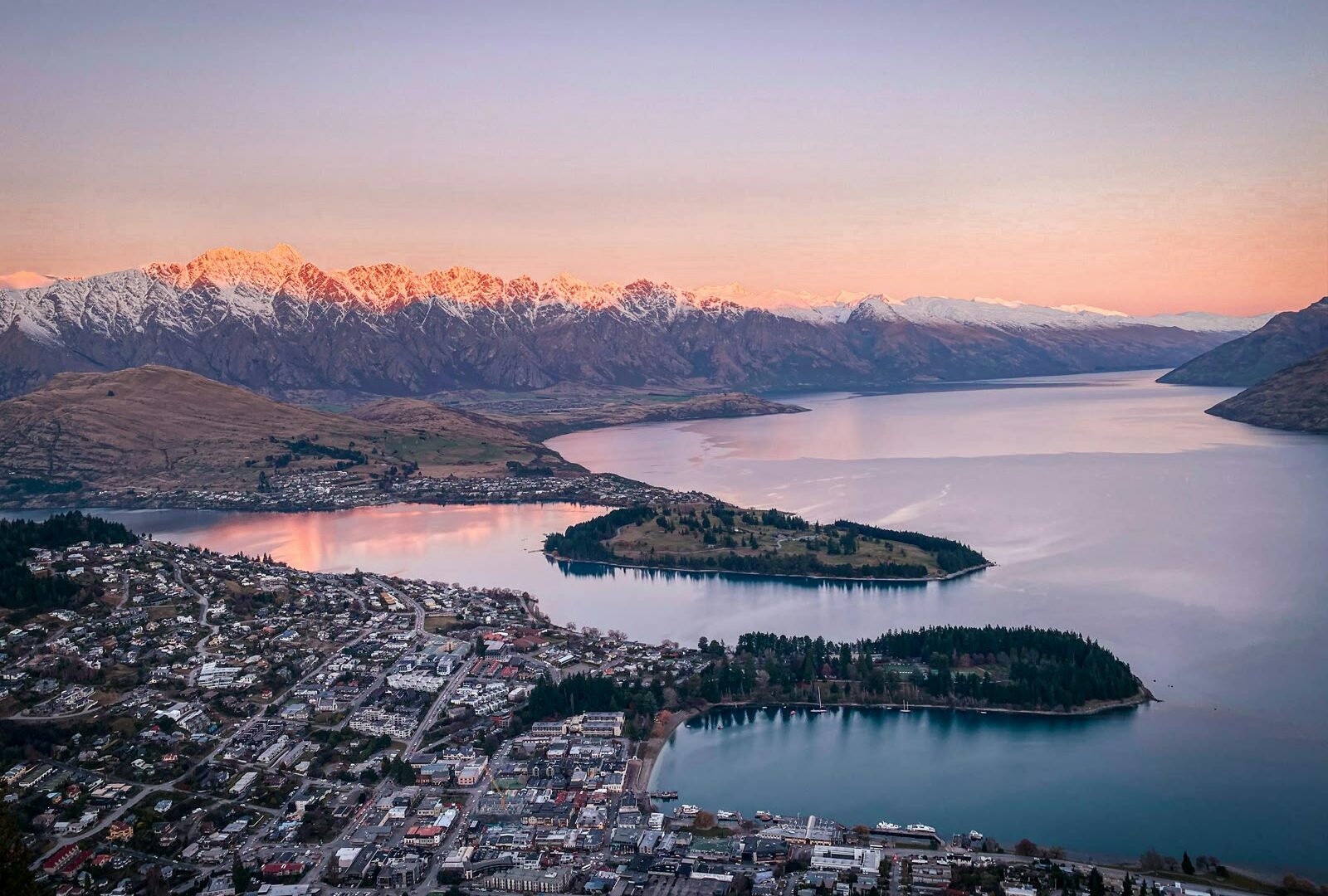 Aerial view of lake and mountains in Queenstown, Otago, New Zealand