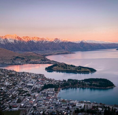 Aerial view of lake and mountains in Queenstown, Otago, New Zealand