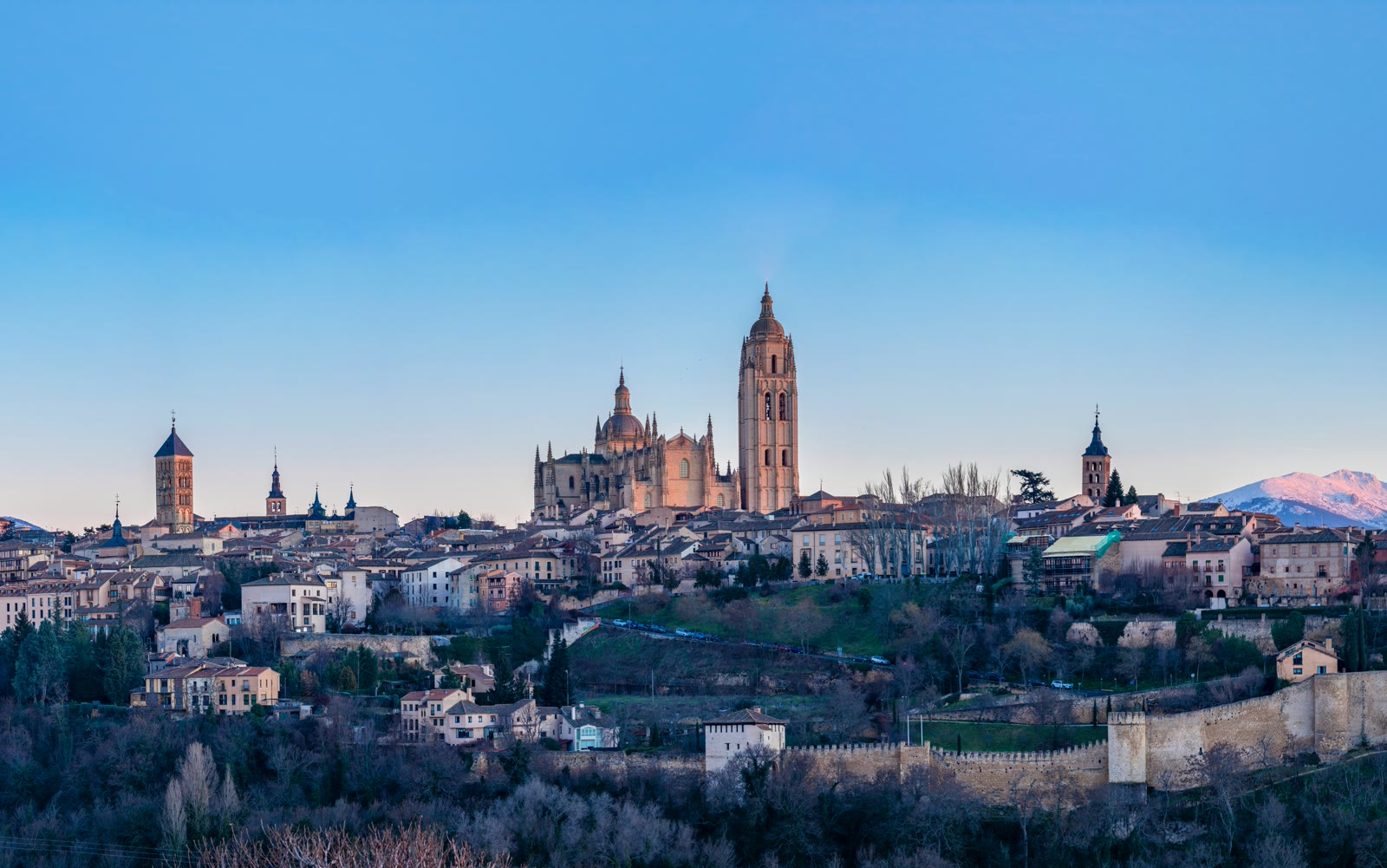 View of Segovia city with mountains in background, Castile and Leon, Spain