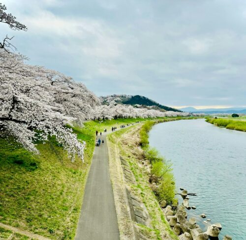 People walking along a riverside path in Sendai, Miyagi, Japan