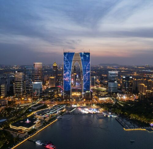 Aerial view of Suzhou city at night, Jiangsu, China