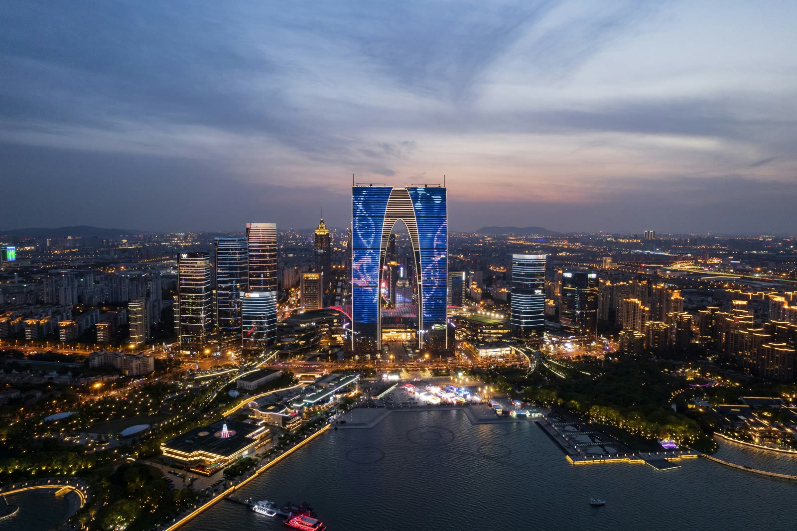 Aerial view of Suzhou city at night, Jiangsu, China