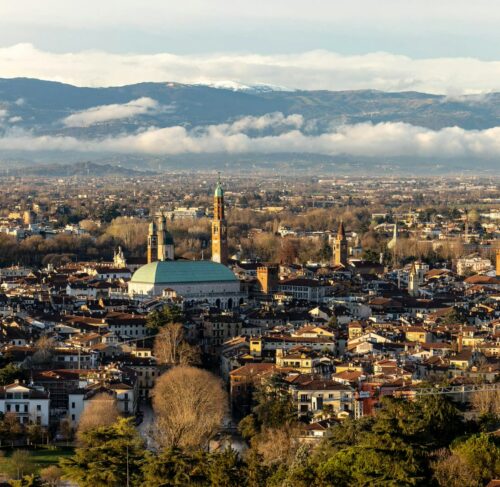 View of the city with mountains in background in Vicenza, Veneto, Italy
