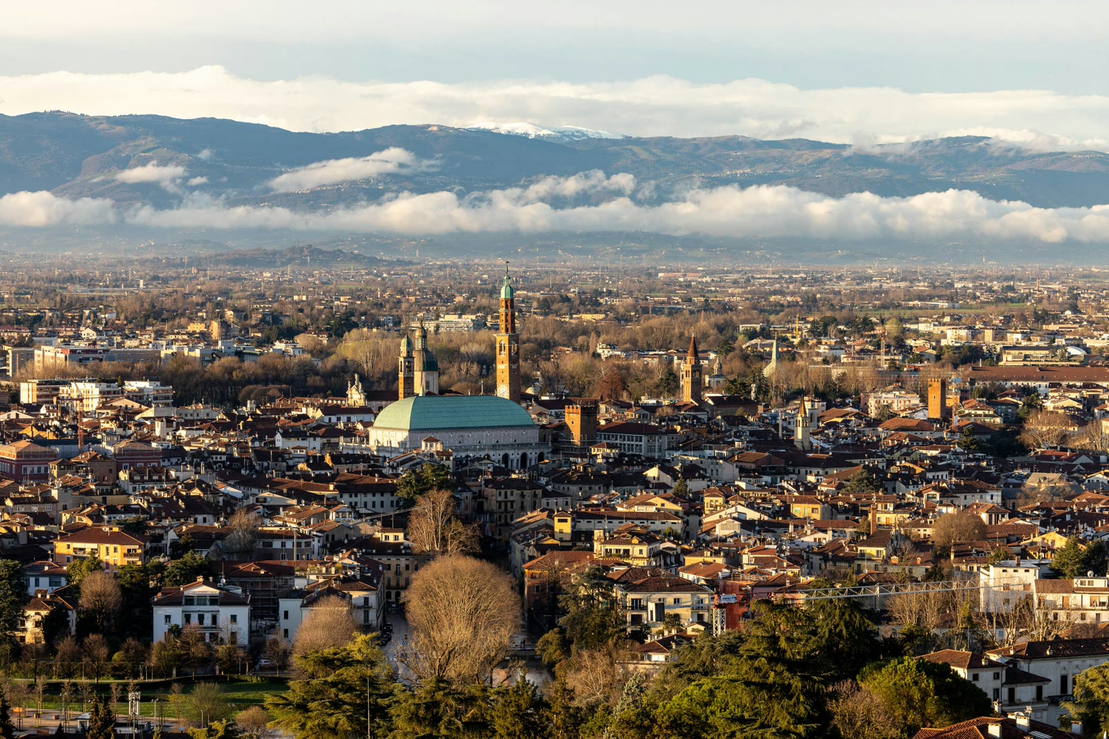 View of the city with mountains in background in Vicenza, Veneto, Italy