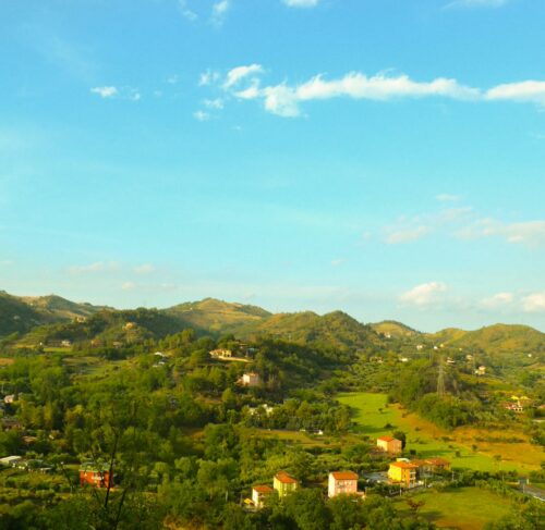 Panoramic view of a small town in the mountains, Ascoli Piceno, Marche, Italy